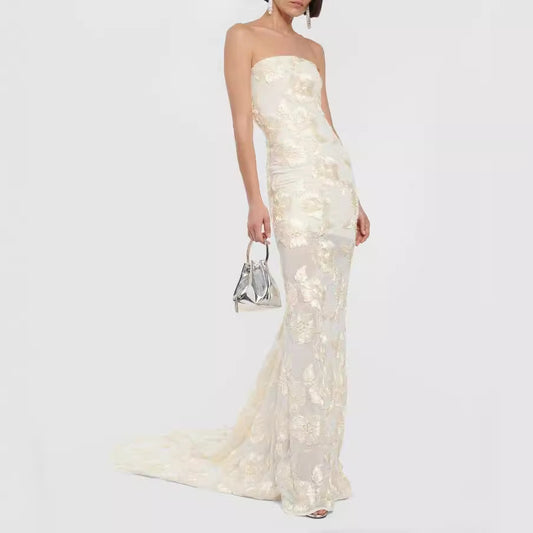 Pale Yellow 3D Jacquard Sheer Mesh Strapless Dress