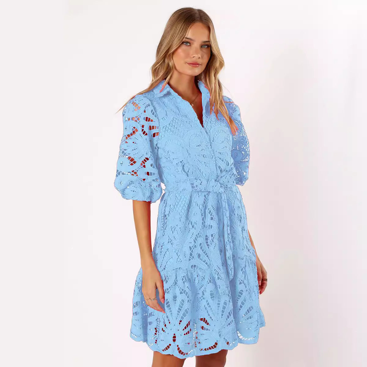 Hollowed-Out Lace Button Dress