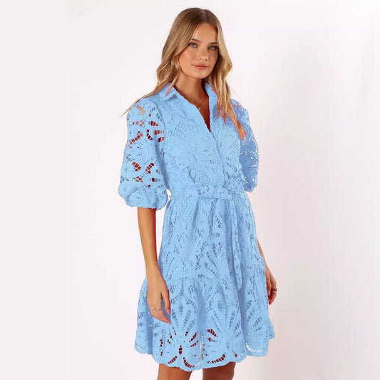 Hollowed-Out Lace Button Dress