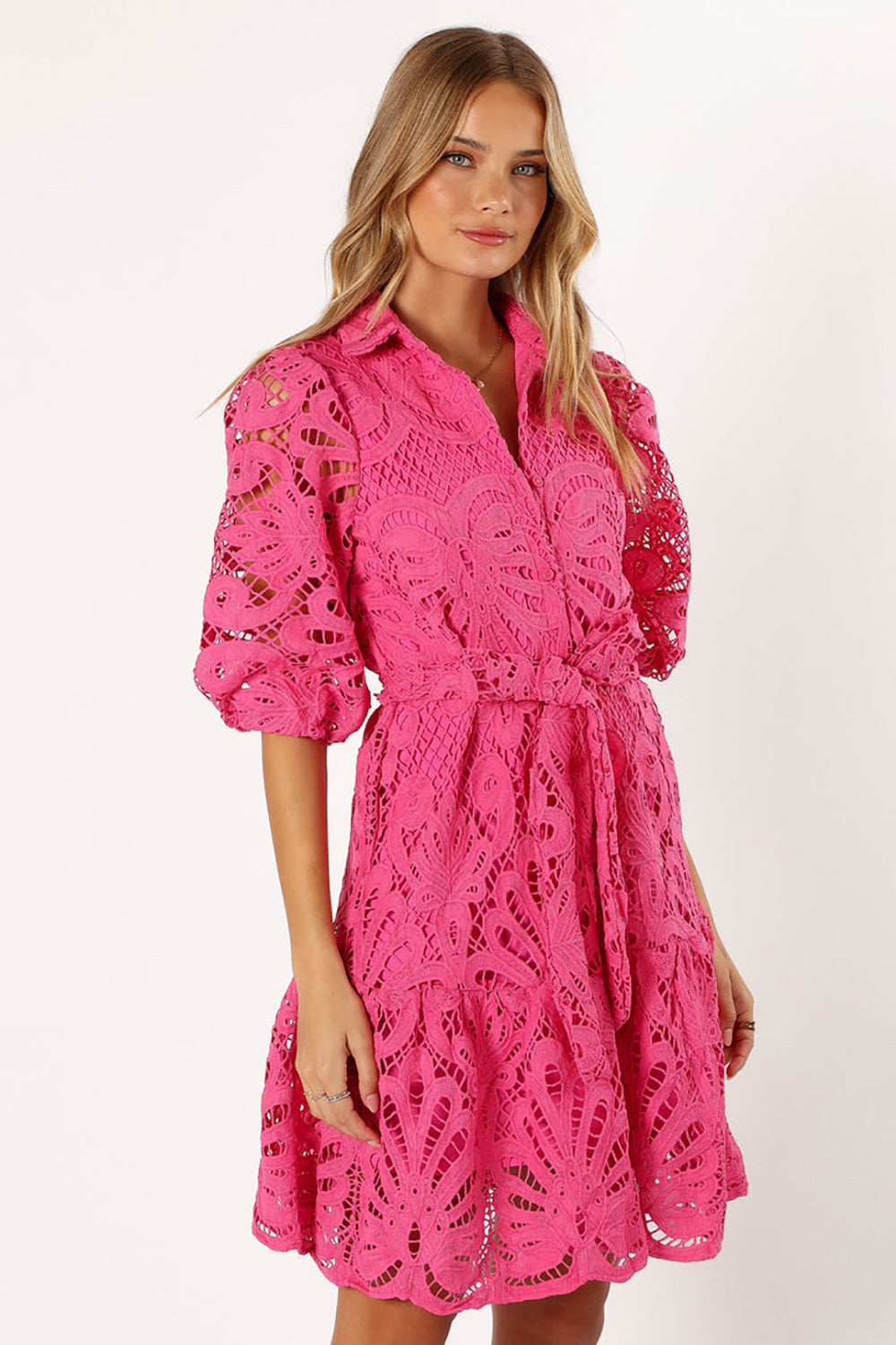Hollowed-Out Lace Button Dress