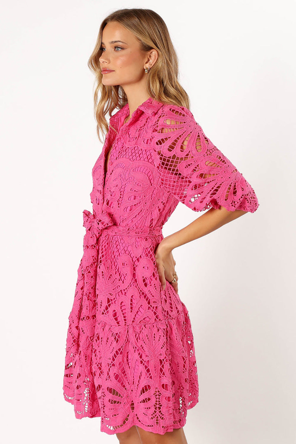 Hollowed-Out Lace Button Dress