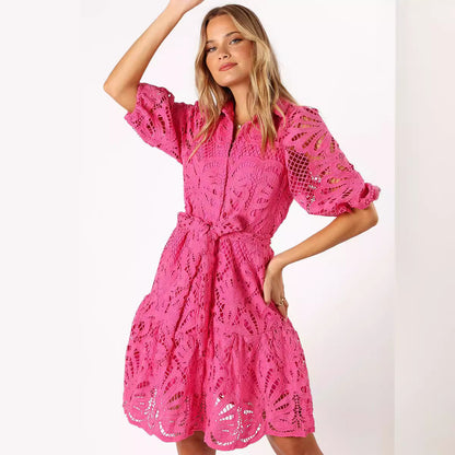 Hollowed-Out Lace Button Dress