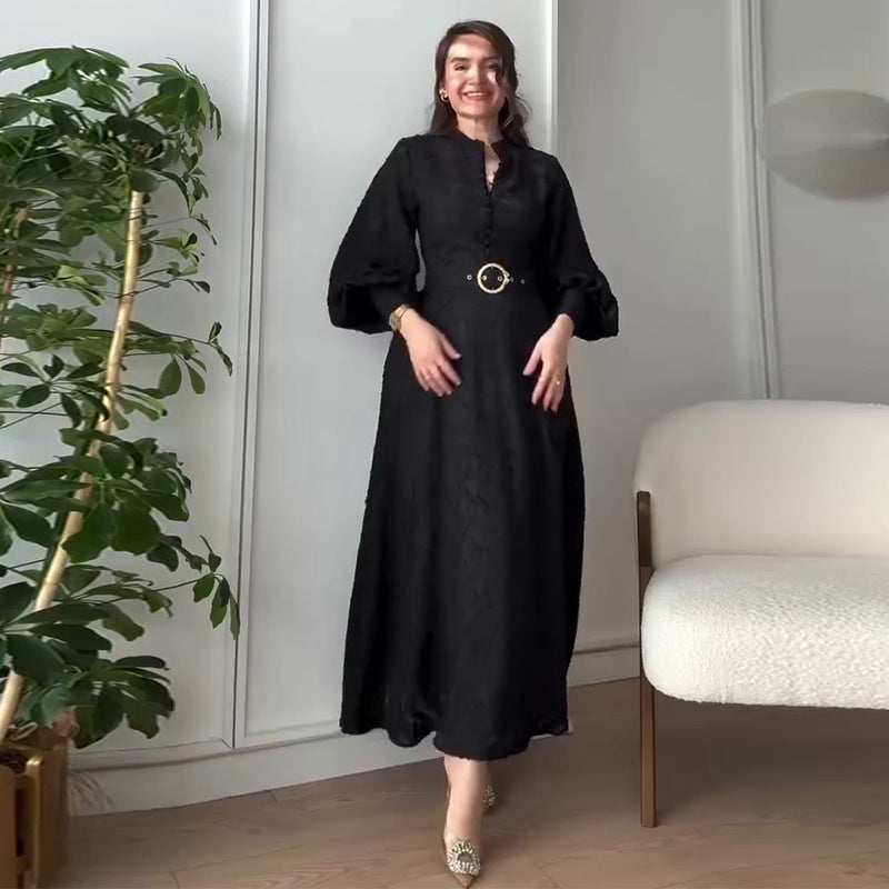 Slim-Fit Long-Sleeved Solid Color Dress