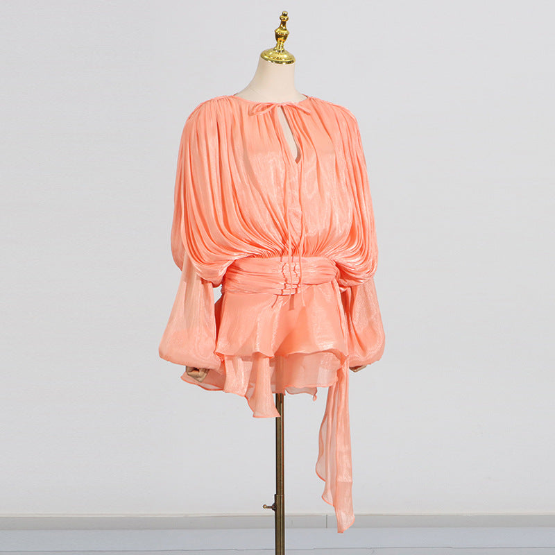 Pleated Mesh Mini Dress