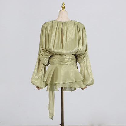 Pleated Mesh Mini Dress
