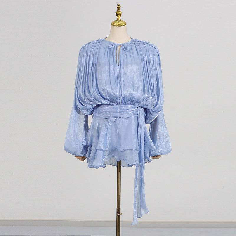 Pleated Mesh Mini Dress