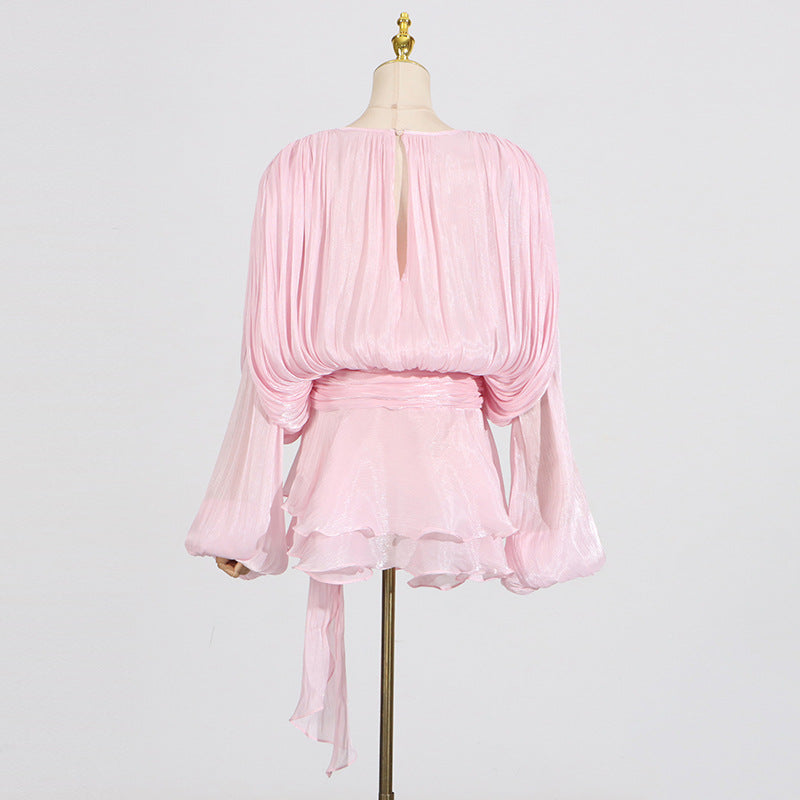 Pleated Mesh Mini Dress