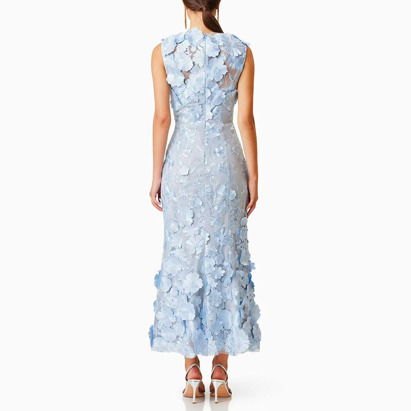 Sleeveless Flower Embroidery Midi Dress