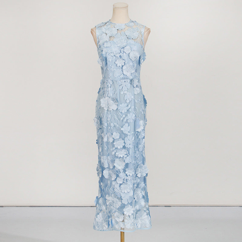 Sleeveless Flower Embroidery Midi Dress