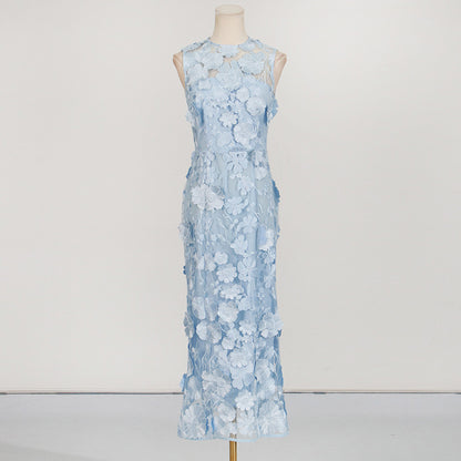 Sleeveless Flower Embroidery Midi Dress