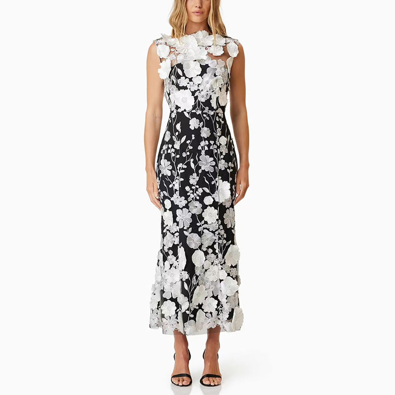 Sleeveless Flower Embroidery Midi Dress