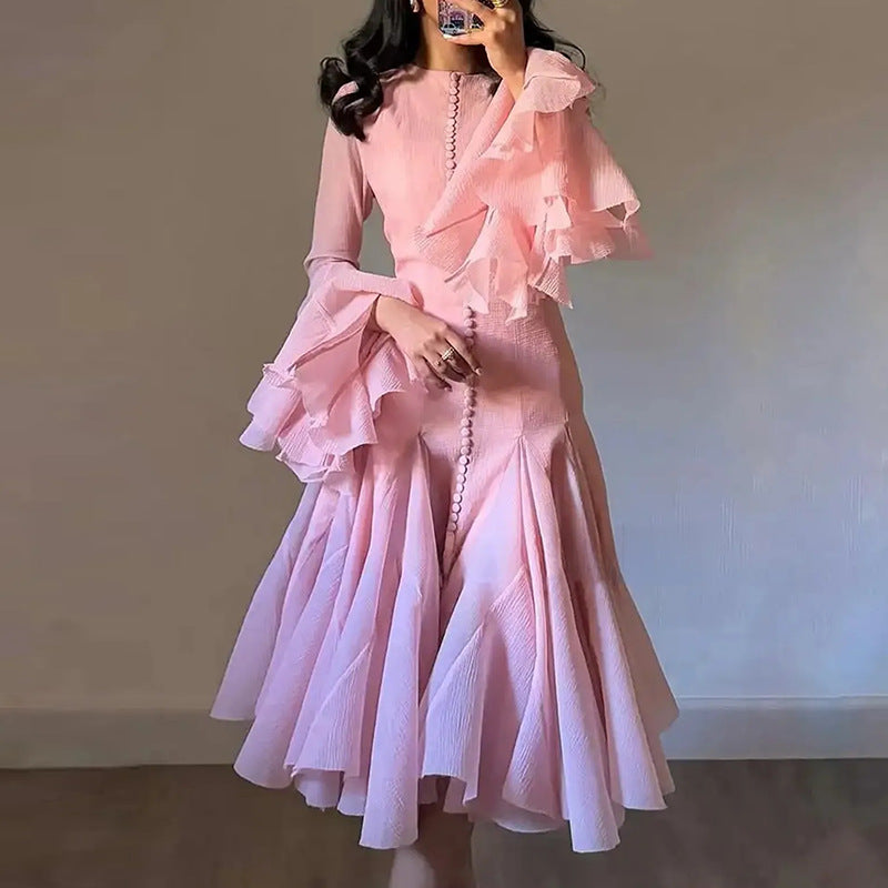 Long Sleeve Flared Hem Midi Dress