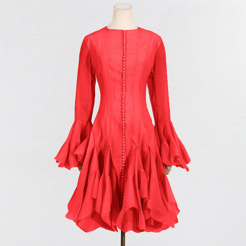 Long Sleeve Flared Hem Midi Dress