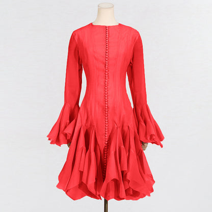 Long Sleeve Flared Hem Midi Dress