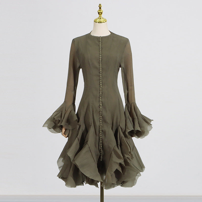 Long Sleeve Flared Hem Midi Dress