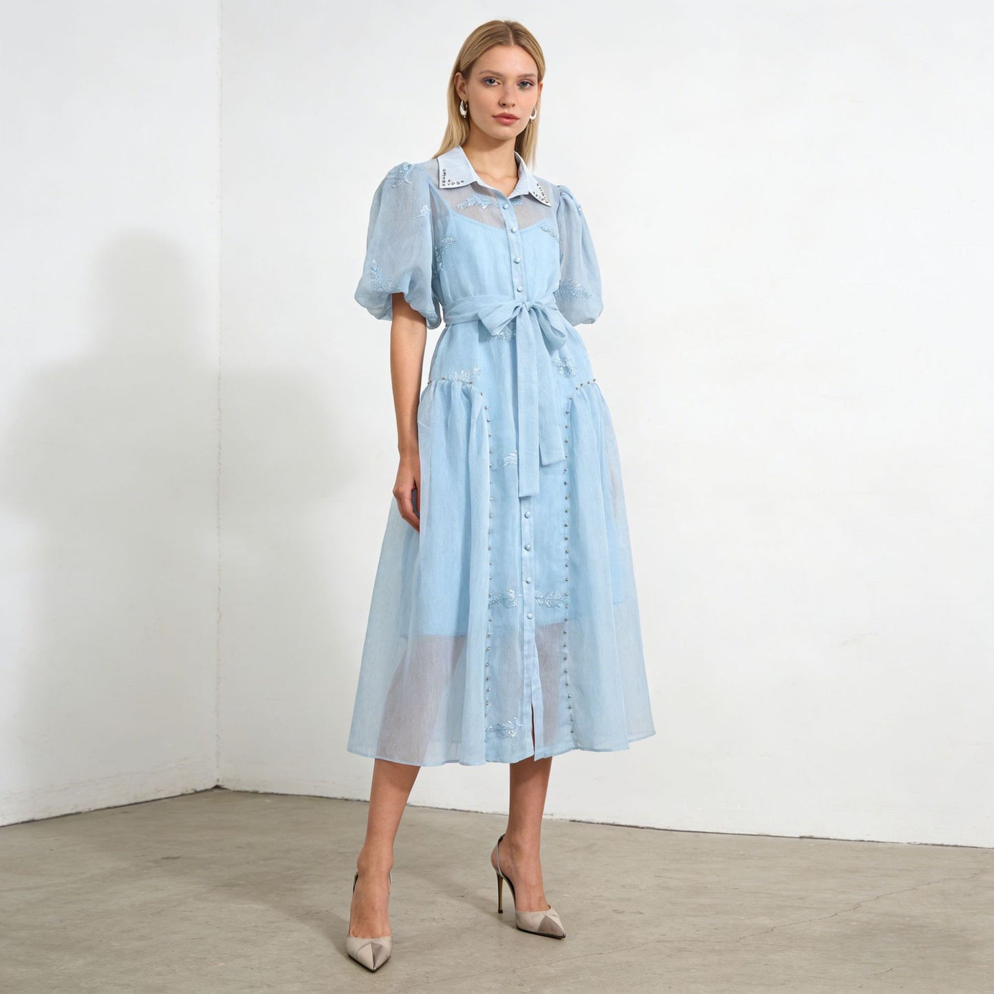 Blue Puff Sleeve Embroidered Maxi Dress