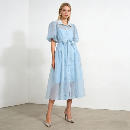 Blue Puff Sleeve Embroidered Maxi Dress