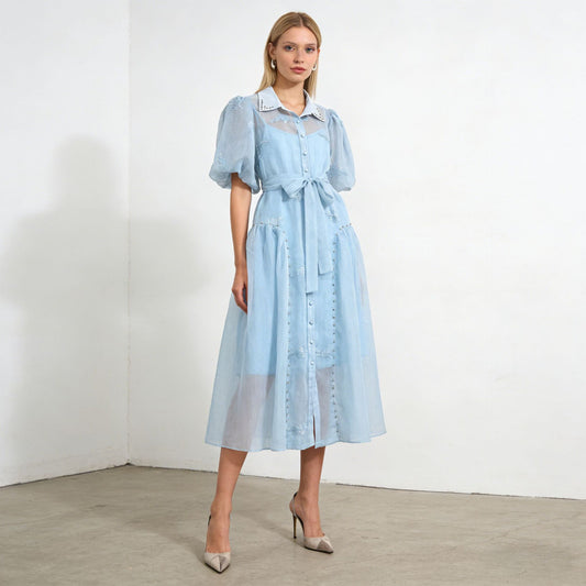 Blue Puff Sleeve Embroidered Maxi Dress