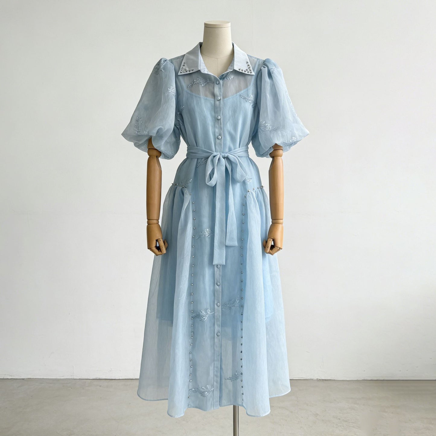 Blue Puff Sleeve Embroidered Maxi Dress