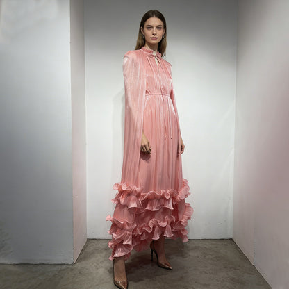 Cape-Effect Ruffled Midi Dress