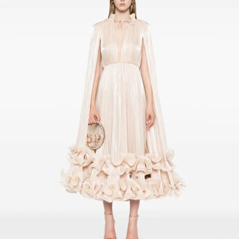 Cape-Effect Ruffled Midi Dress