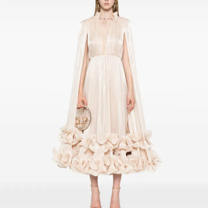 Cape-Effect Ruffled Midi Dress