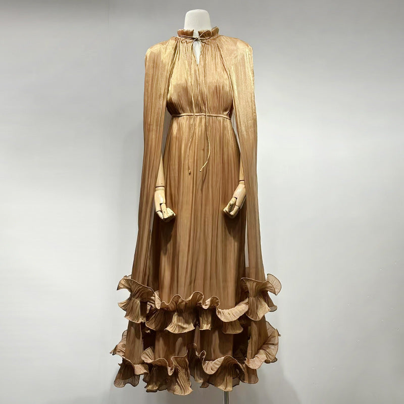 Cape-Effect Ruffled Midi Dress