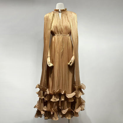 Cape-Effect Ruffled Midi Dress