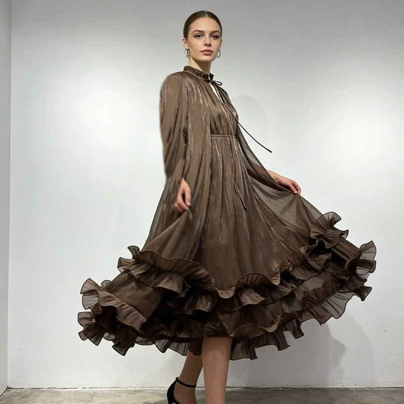 Cape-Effect Ruffled Midi Dress