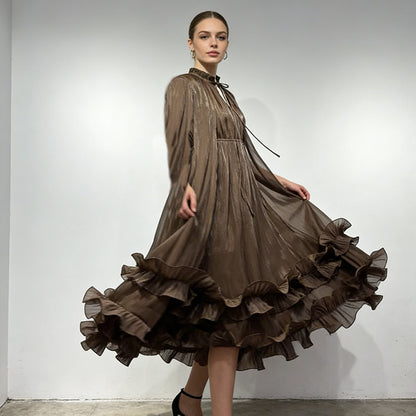 Cape-Effect Ruffled Midi Dress
