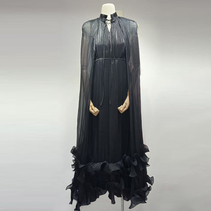 Cape-Effect Ruffled Midi Dress