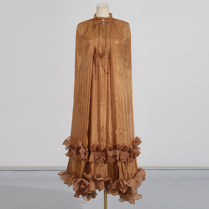 Cape-Effect Ruffled Midi Dress