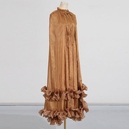 Cape-Effect Ruffled Midi Dress