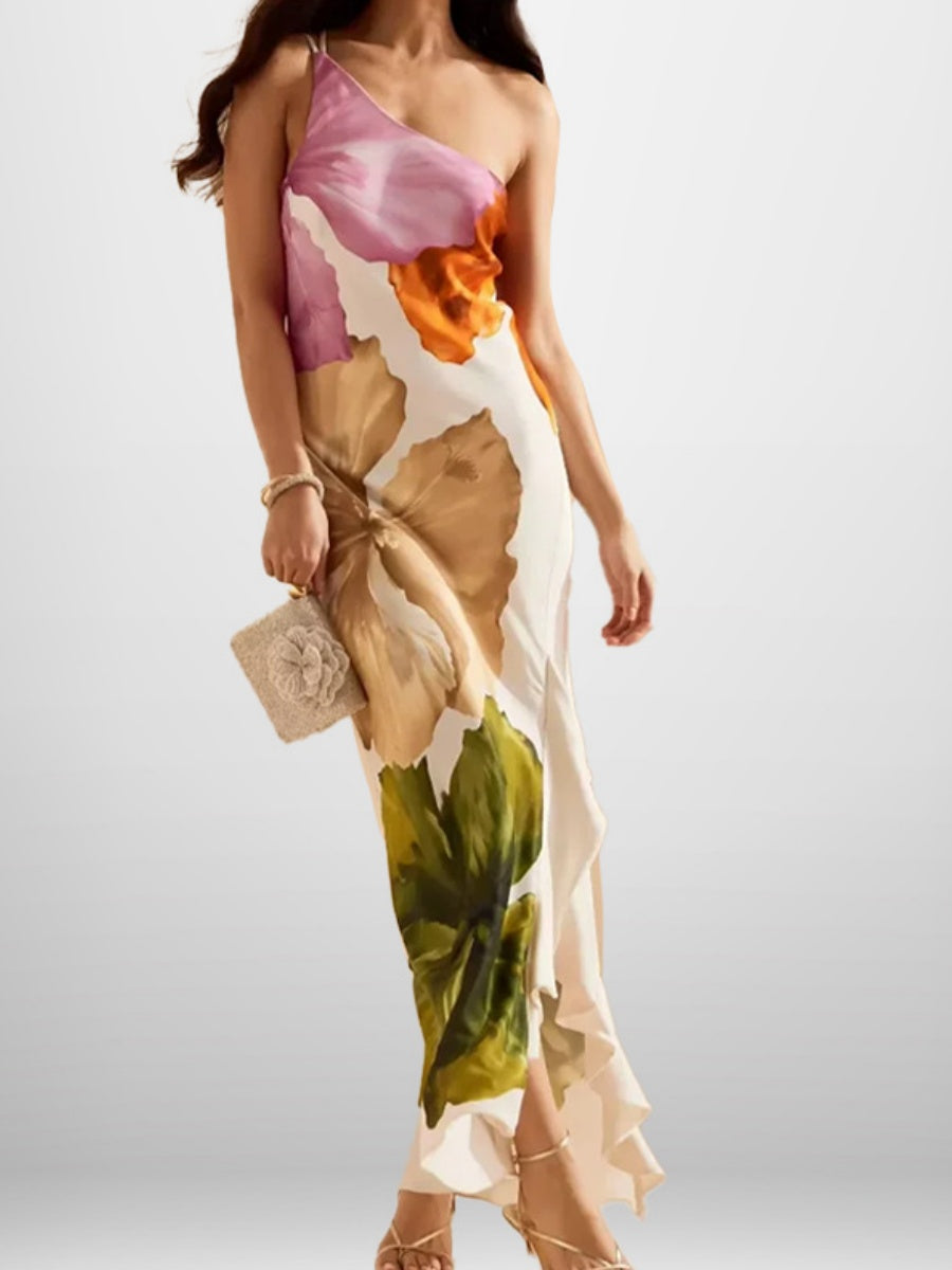 One-Shoulder Asymmetric Floral Maxi Dress