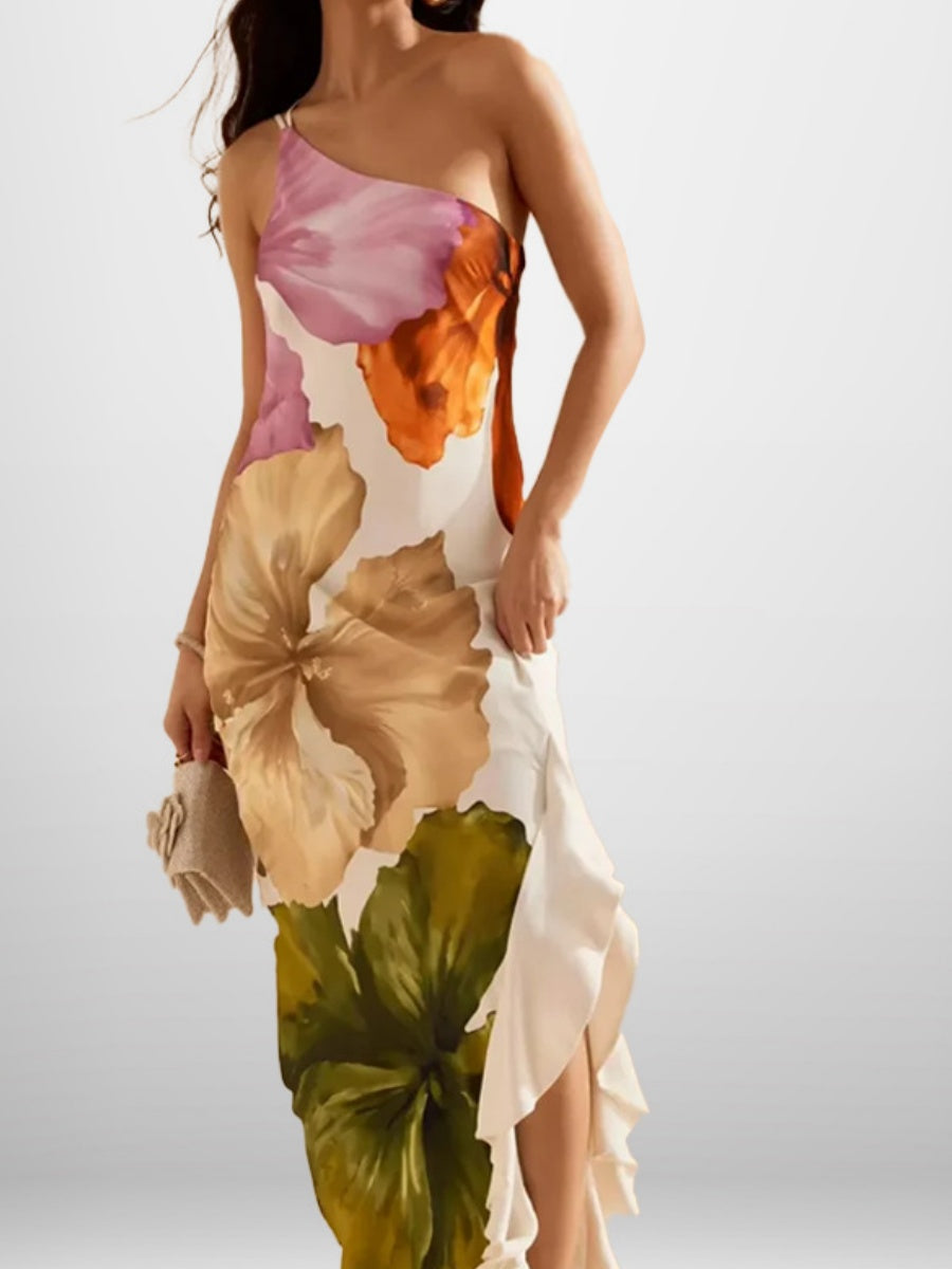 One-Shoulder Asymmetric Floral Maxi Dress