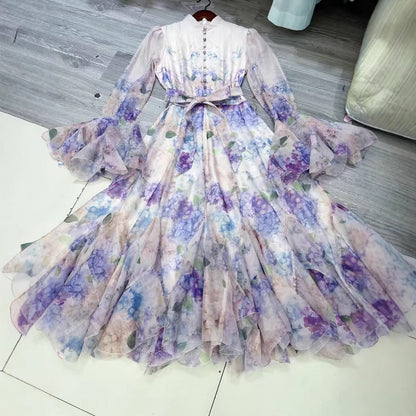 Floral Print Ruffle Cuff Maxi Dress