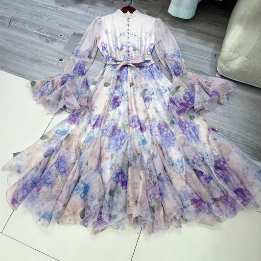 Floral Print Ruffle Cuff Maxi Dress