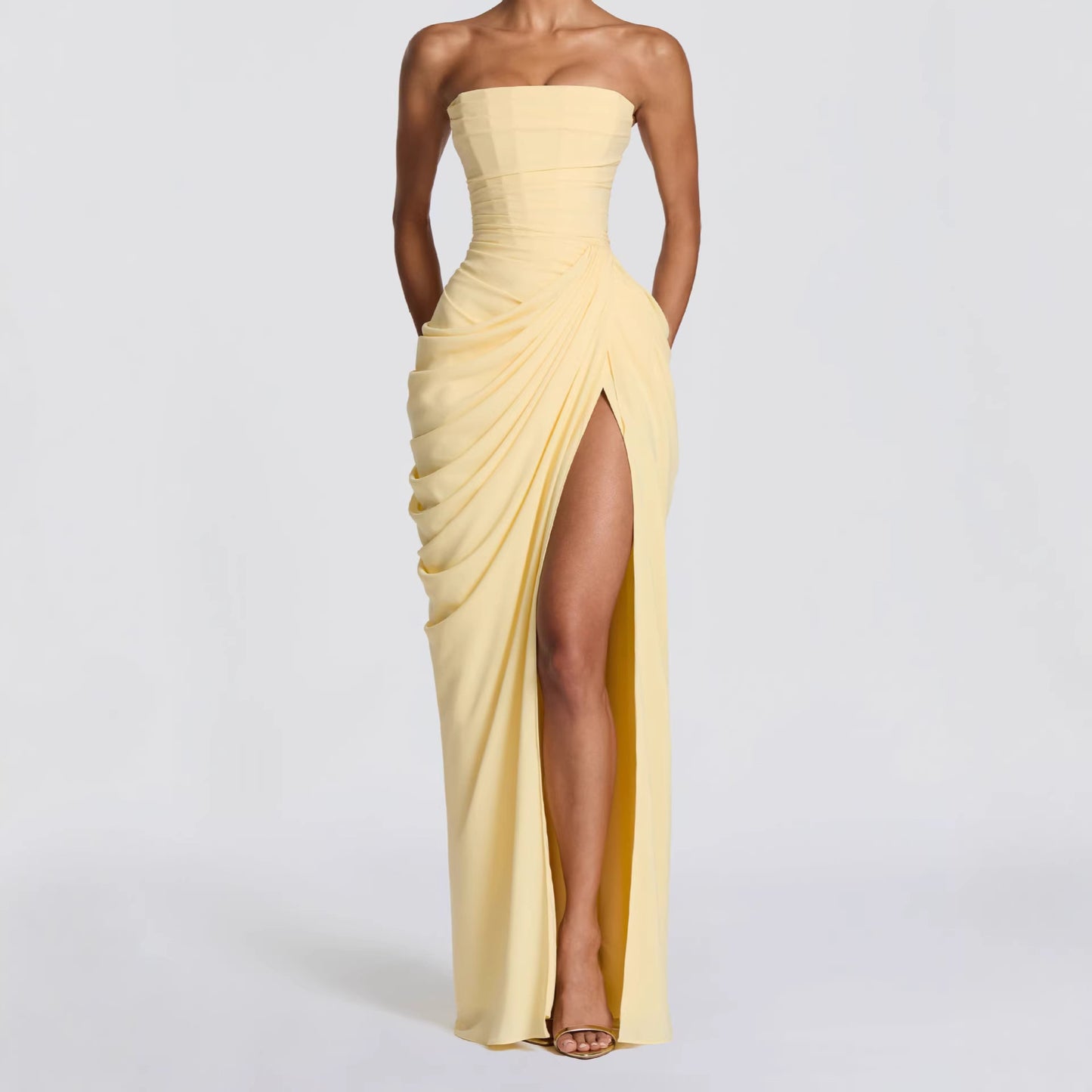Gathered Waist Strapless Dress