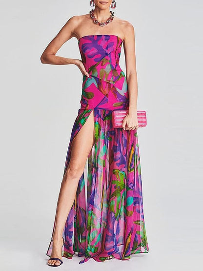 Strapless Floral Print Slit Dress
