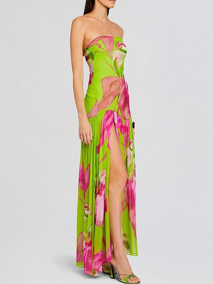 Strapless Floral Print Slit Dress