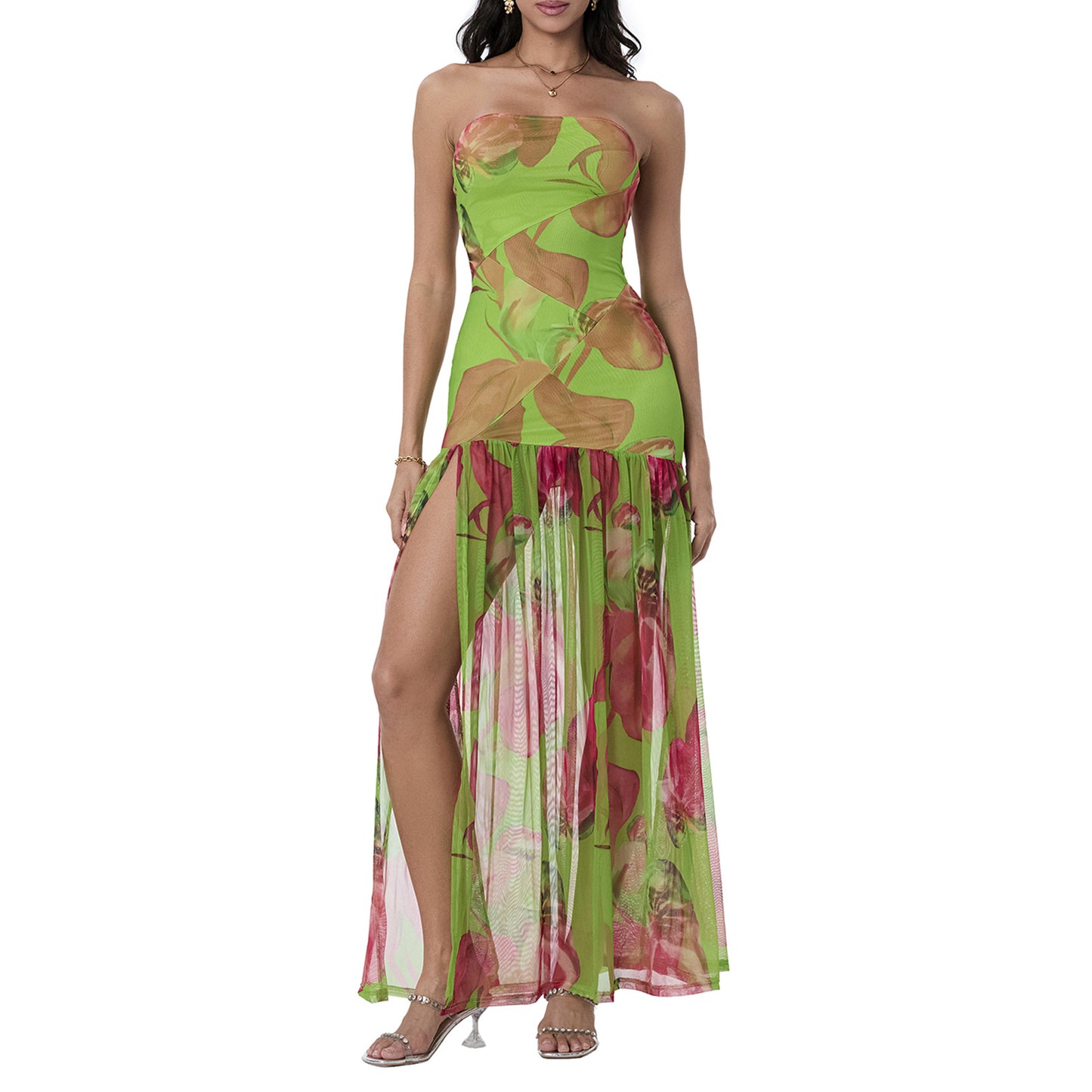 Strapless Floral Print Slit Dress