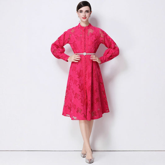 Hollow-Out Embroidered Lantern Sleeve Dress