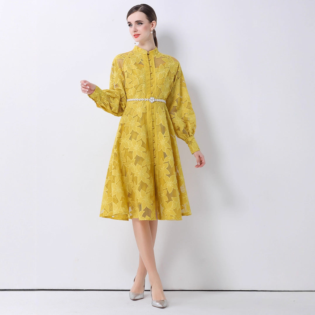 Hollow-Out Embroidered Lantern Sleeve Dress