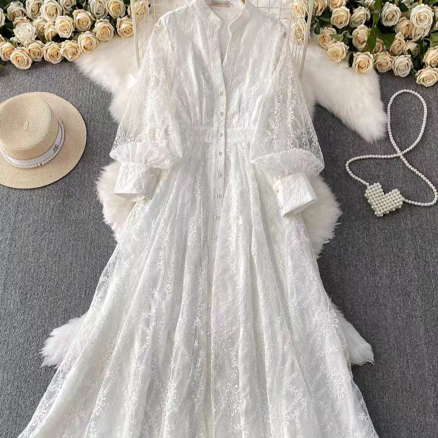 Stand-up collar embroidered mesh long dress