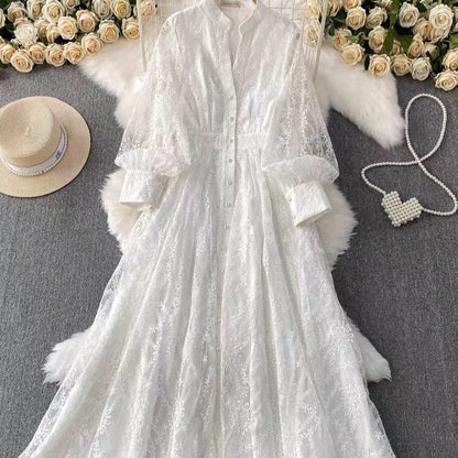 Stand-up collar embroidered mesh long dress
