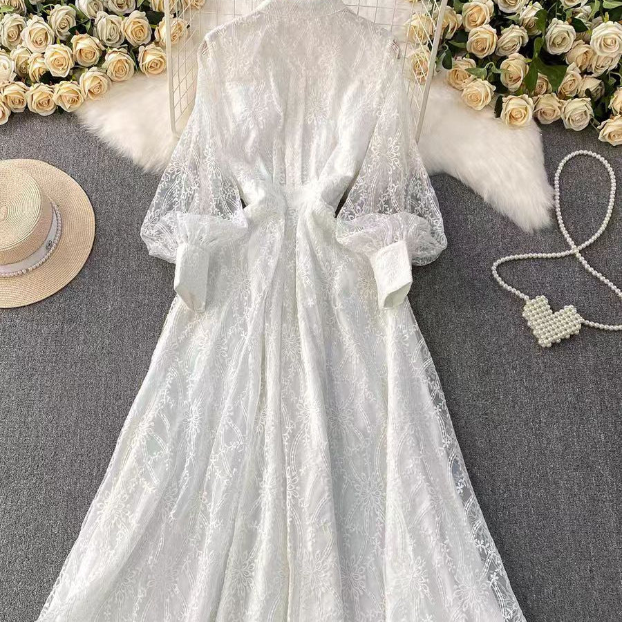 Stand-up collar embroidered mesh long dress