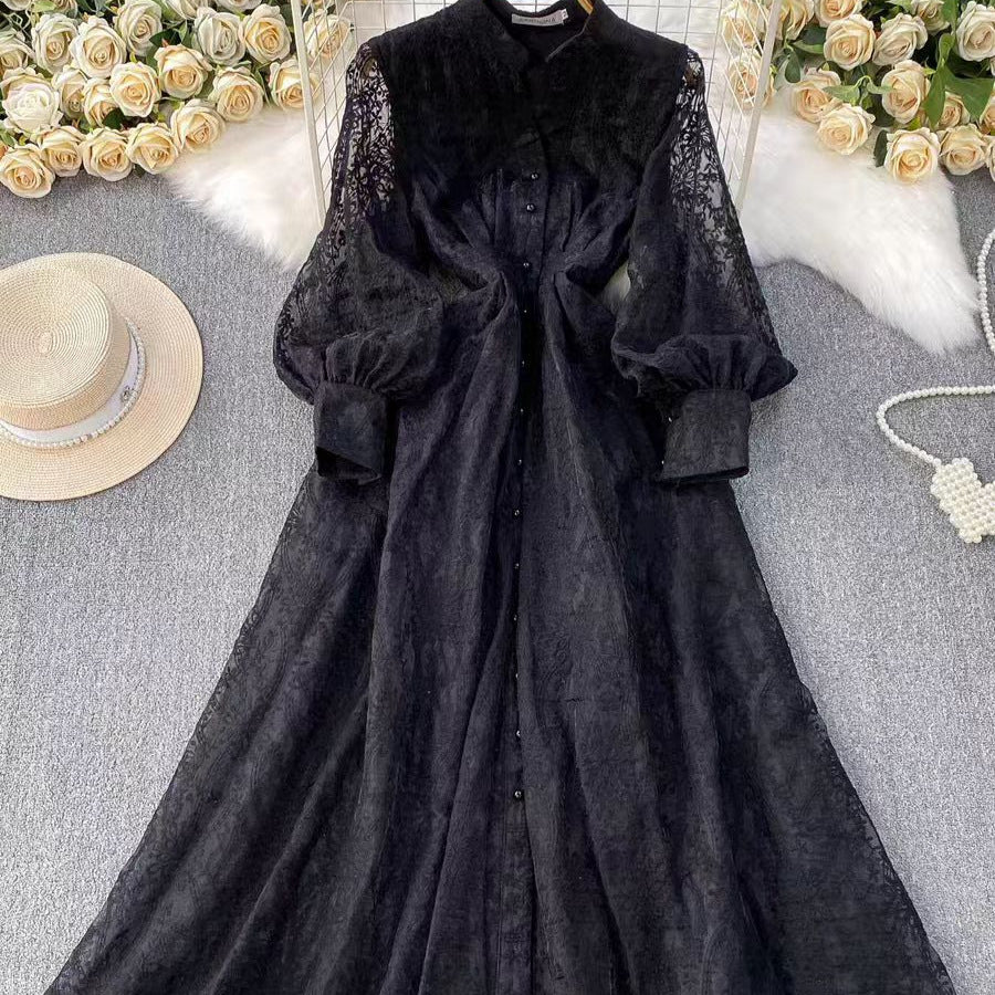 Stand-up collar embroidered mesh long dress
