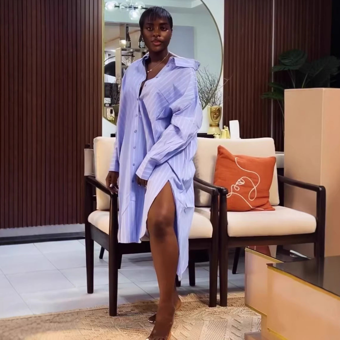 Collared Loose Striped Slit Shirt Dress