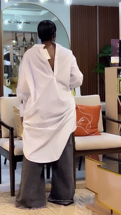 Collared Loose Striped Slit Shirt Dress