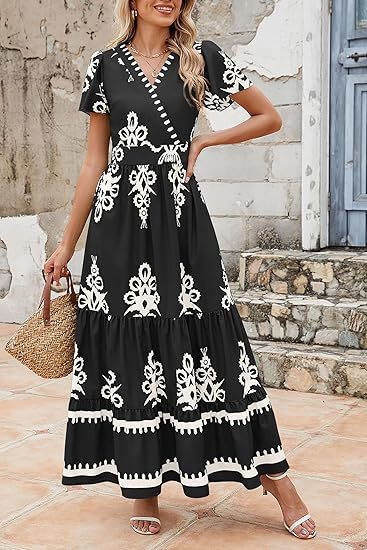 V-neck Flared Sleeve Floral Print Dress